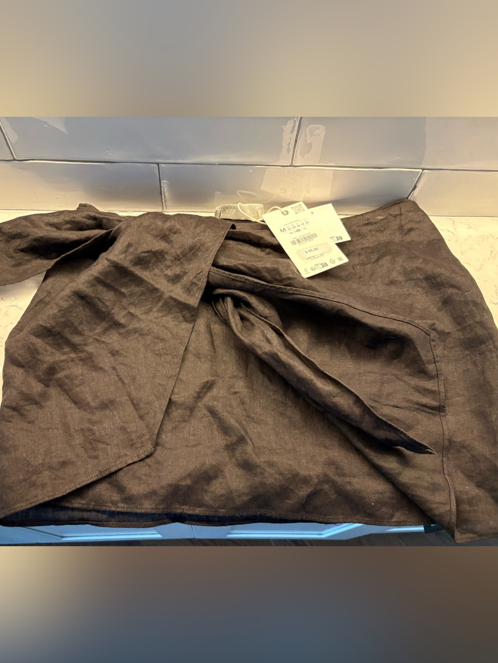 Zara Black Linen Mini Skirt with Front Tie